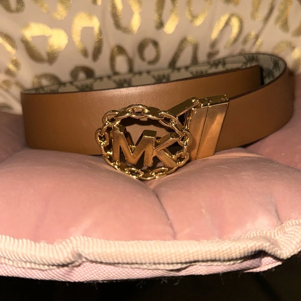 Michael Kors Brown Reversible Logo Belt with Gold MK Buckle